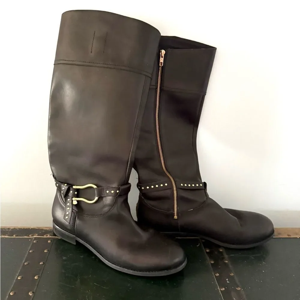 Sperry Top Sider Tall Riding Boots Black Leather gold-studded Womens Size 10